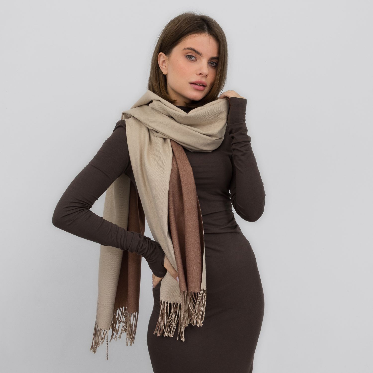 Палантин КАШЕМИР Двосторонній бежевий/т. бежевий CASHMERE